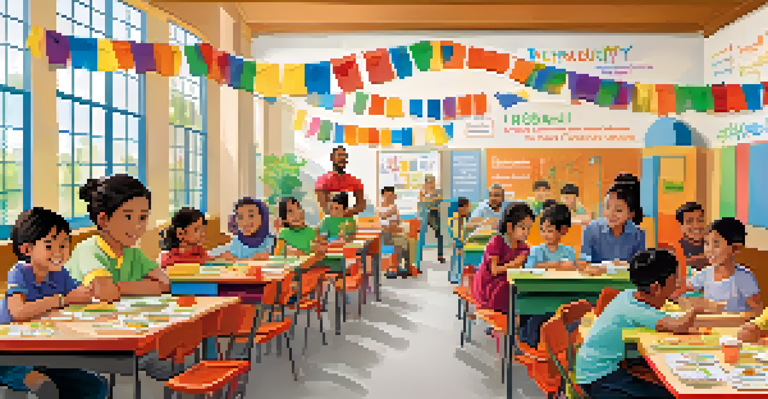 Parents and children participating in a family engagement workshop in a school cafeteria, surrounded by multilingual decorations.
