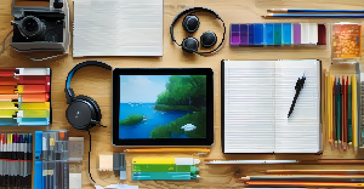 A creative collage of learning materials including a tablet, headphones, a notebook, and art supplies on a wooden table.