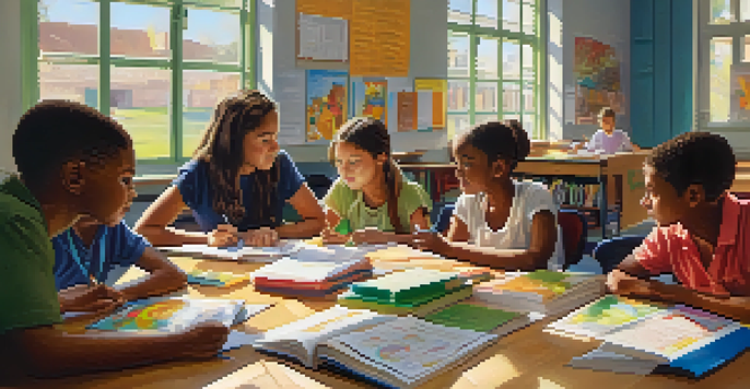 A diverse group of students collaborating in a colorful classroom, discussing a project at a round table with natural light coming through the window.