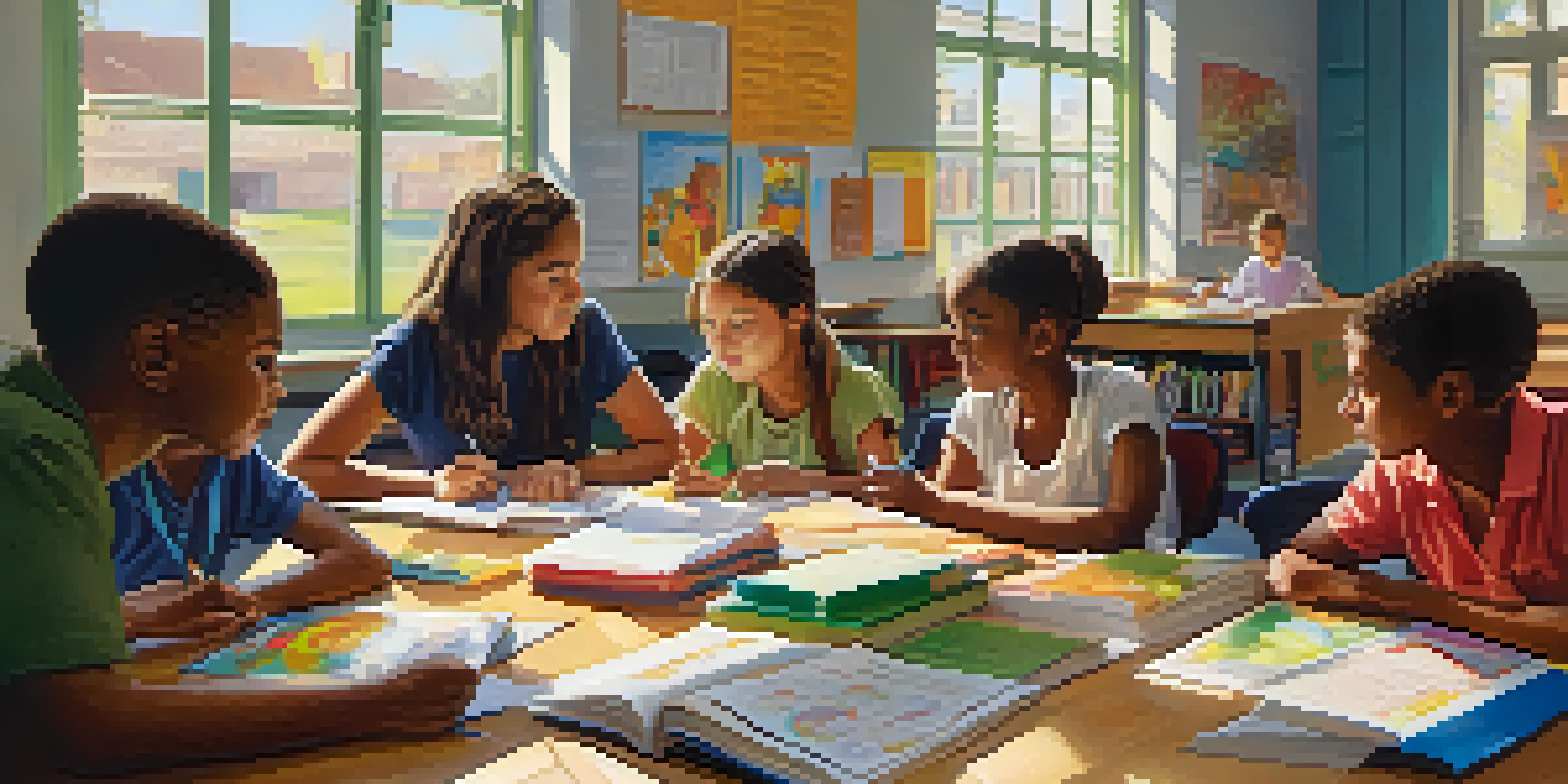 A diverse group of students collaborating in a colorful classroom, discussing a project at a round table with natural light coming through the window.