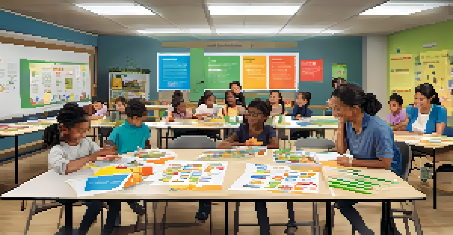 Parents participating in a workshop, collaborating on a project in a bright and welcoming school environment.