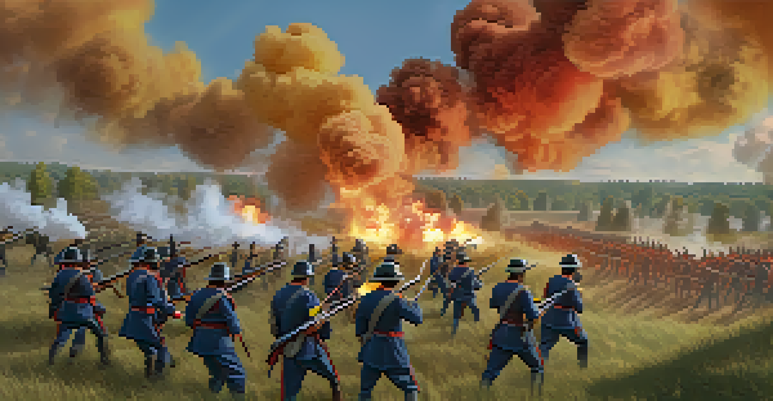 Students navigating a virtual reality battlefield simulation from the Civil War, surrounded by immersive elements like smoke and soldiers.