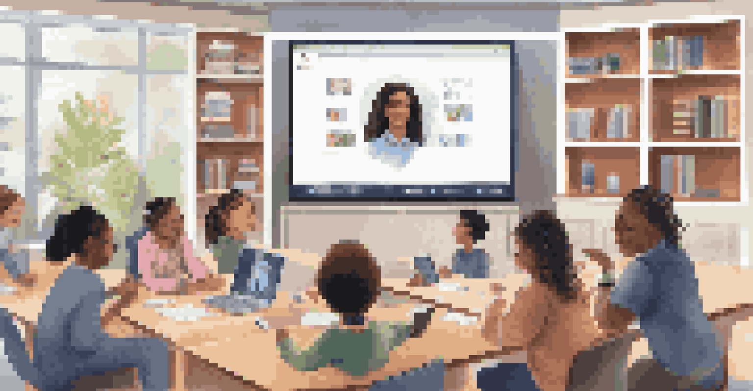 A teacher leading a virtual lesson with students on a video call, surrounded by educational materials in a cozy home office setting.