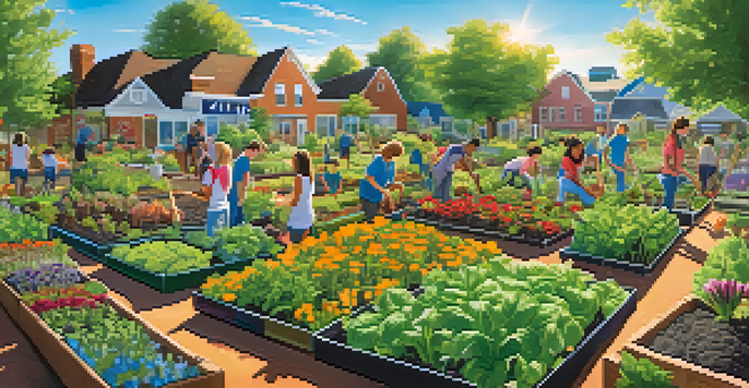 A community garden with educators and students planting seeds together, surrounded by colorful plants and sunshine.