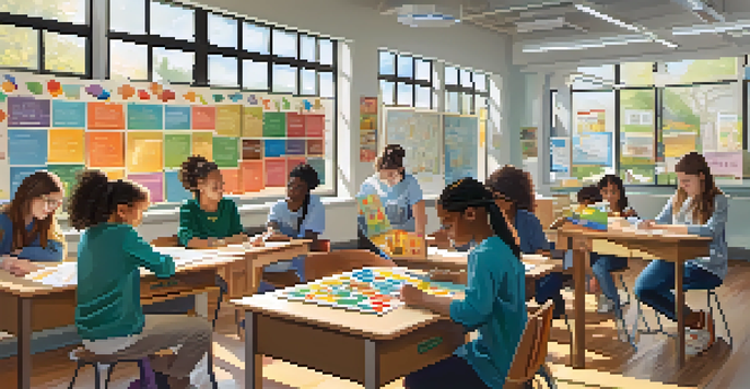 A lively classroom with diverse students working together on a project, surrounded by educational materials and bright sunlight.