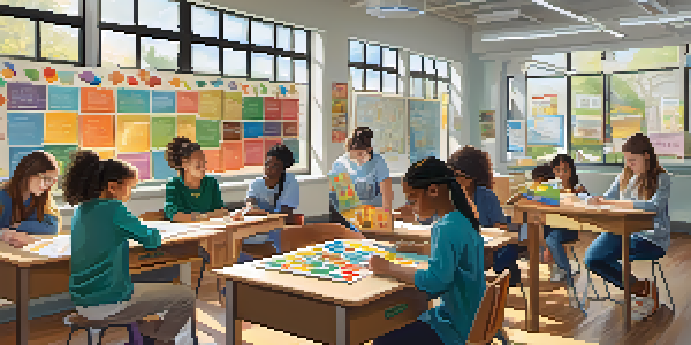 A lively classroom with diverse students working together on a project, surrounded by educational materials and bright sunlight.