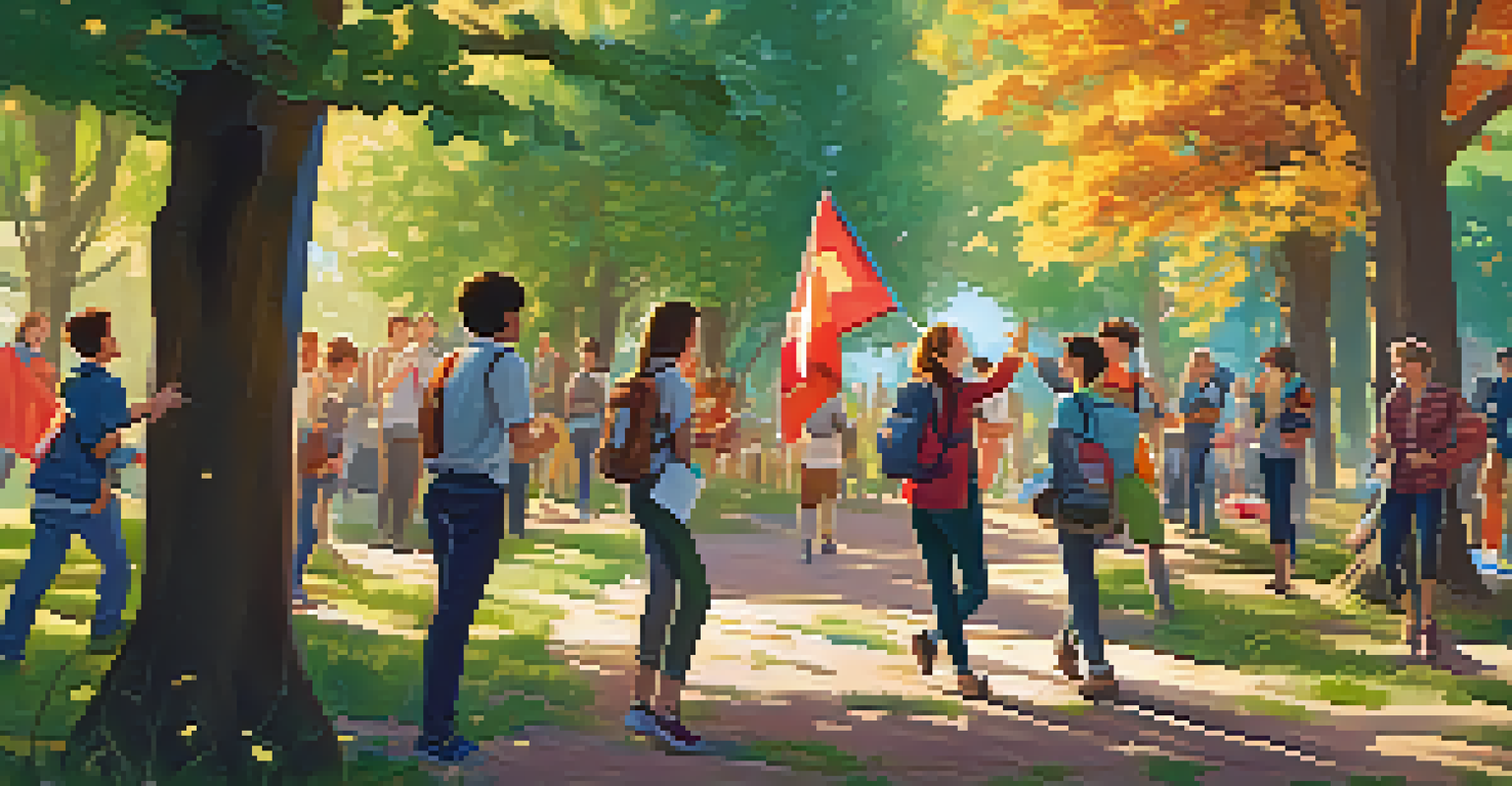 Participants engaged in an outdoor scavenger hunt, searching for items in a vibrant park setting.