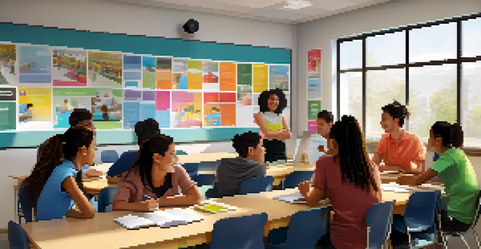 A diverse group of ESL students in a bright classroom, engaged in discussions and collaborating with each other.