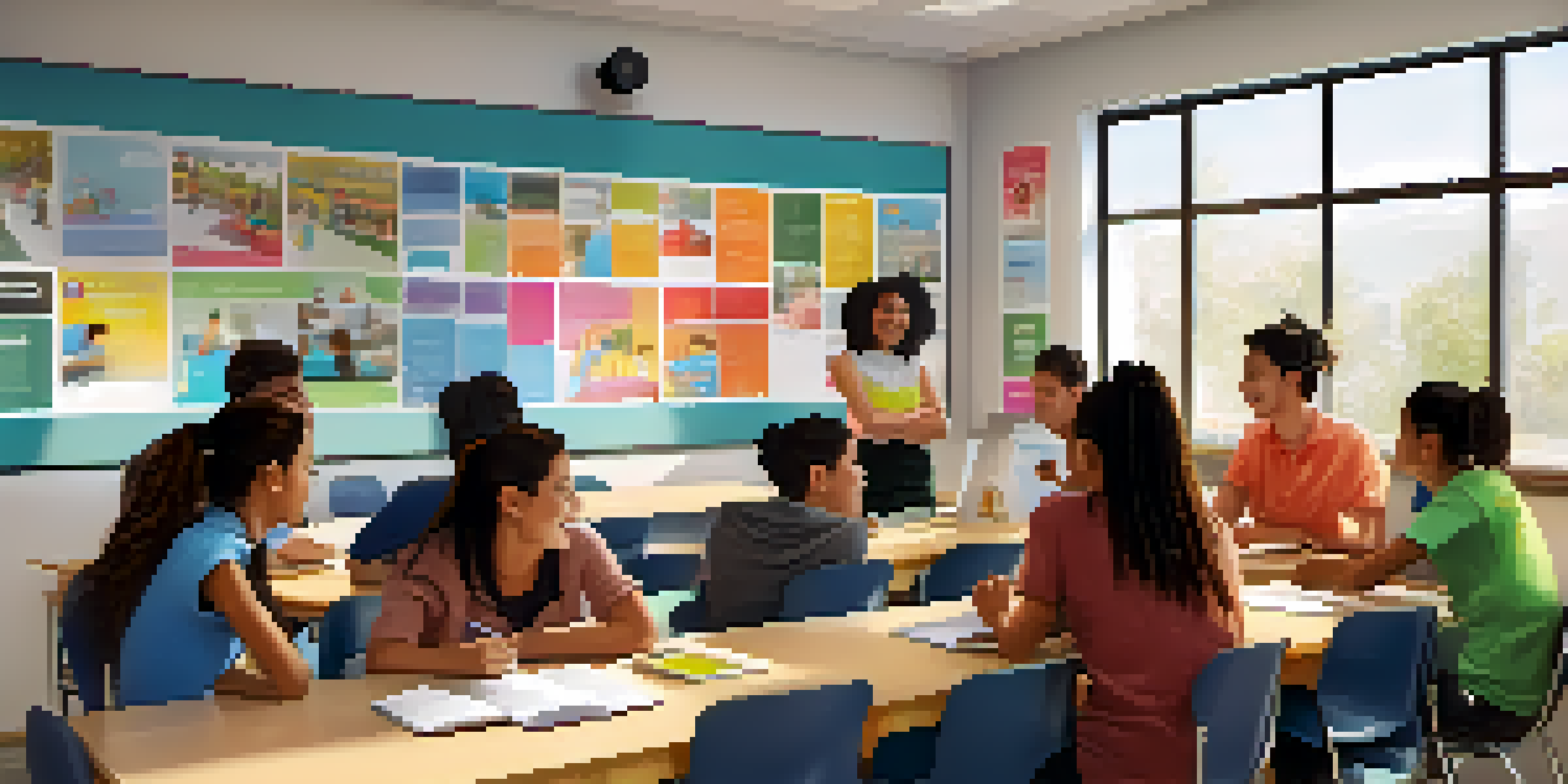 A diverse group of ESL students in a bright classroom, engaged in discussions and collaborating with each other.