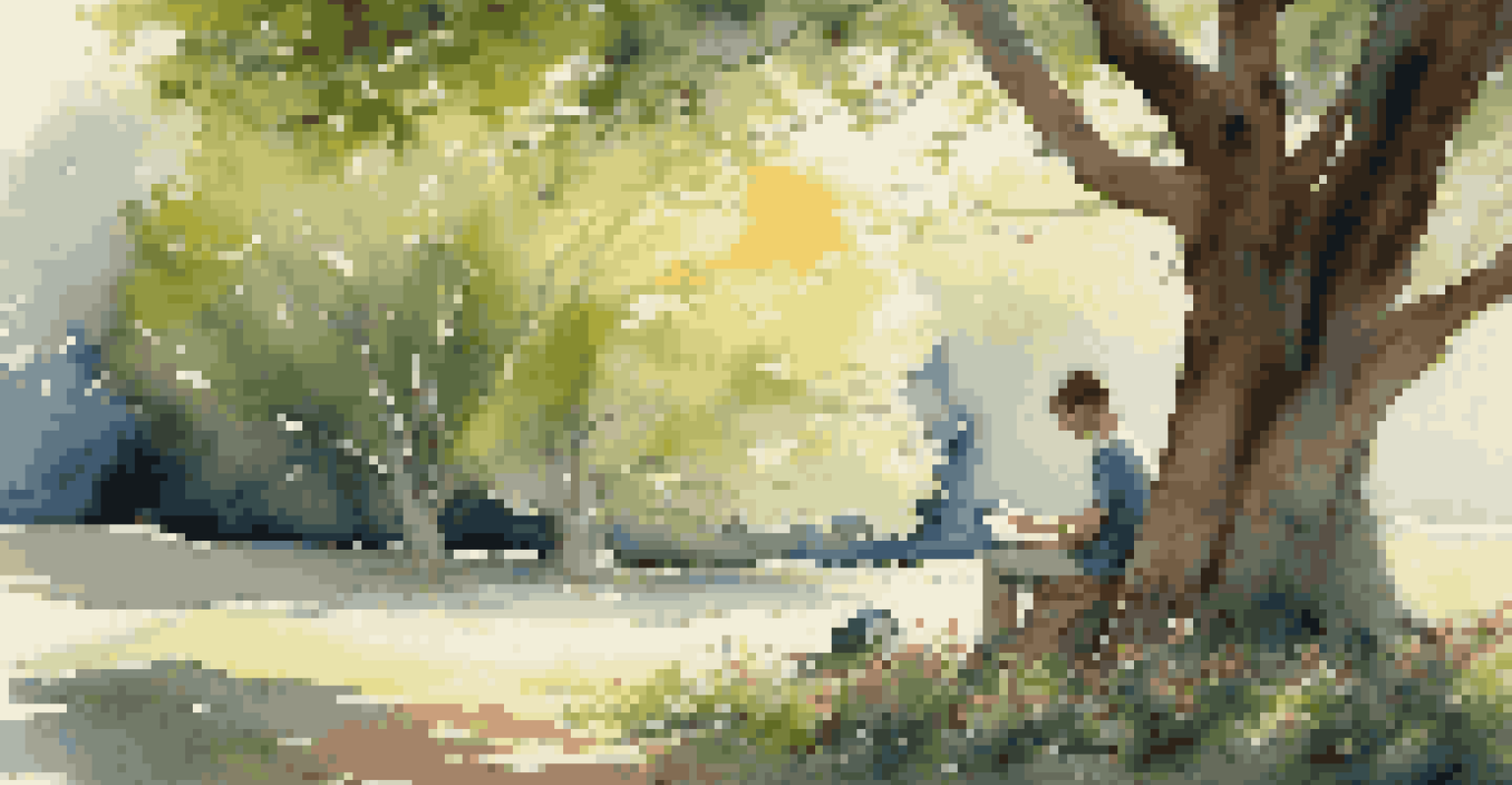 A person sitting under a tree, writing in a notebook, surrounded by vibrant greenery and flowers in a tranquil outdoor setting.