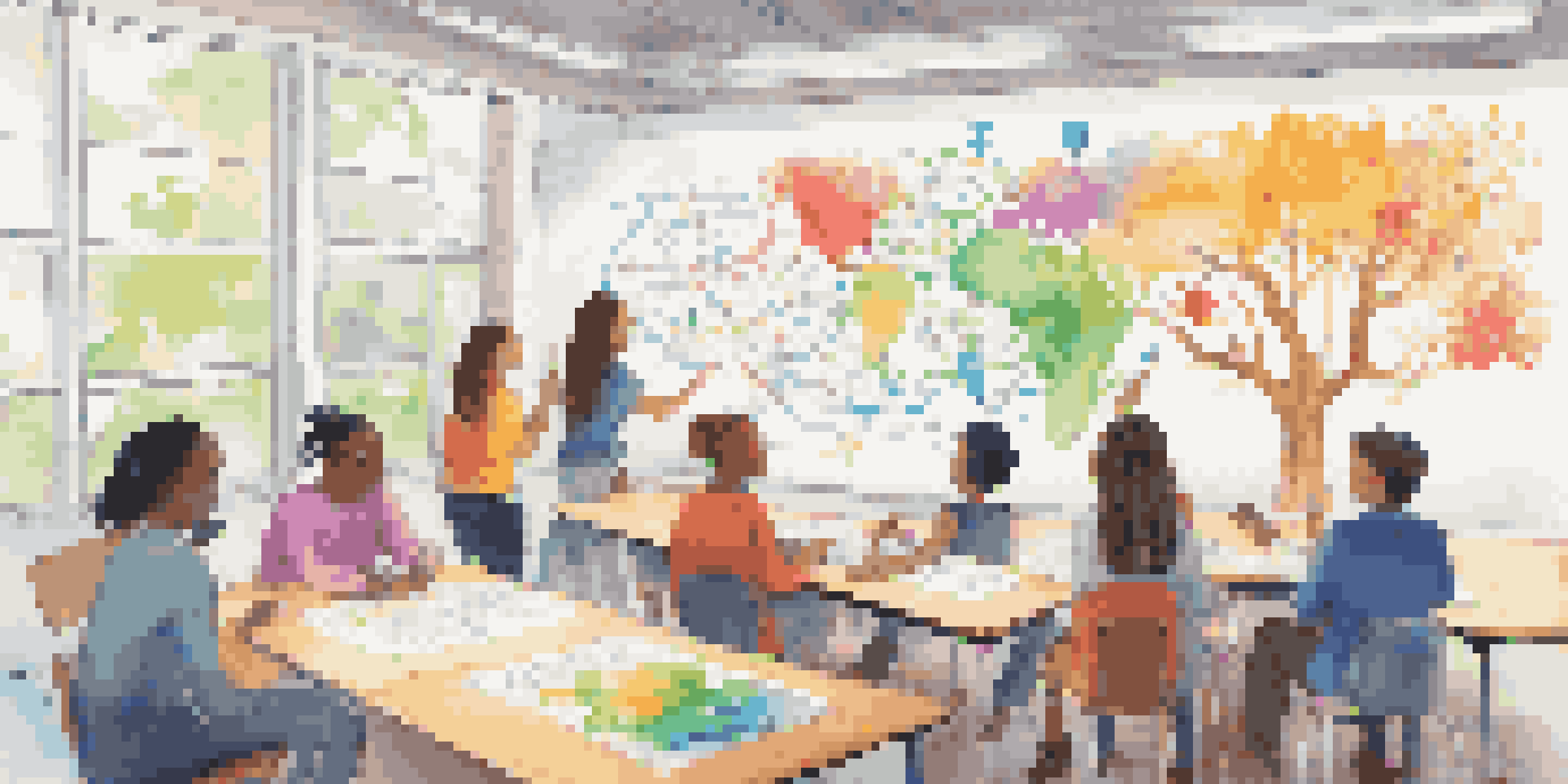 A bright classroom where students work together to create a colorful mind map on a whiteboard, showcasing engagement and collaboration.