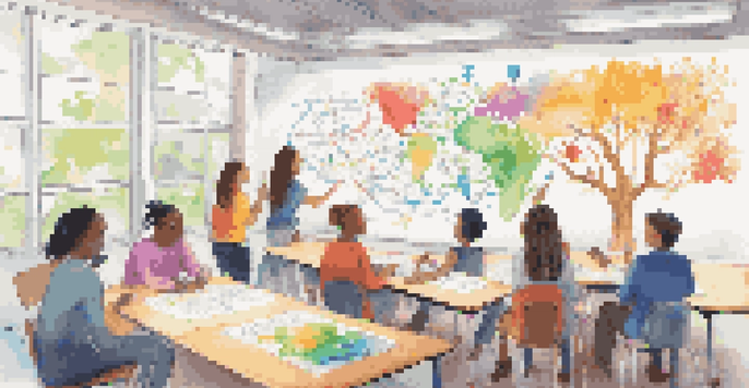 A bright classroom where students work together to create a colorful mind map on a whiteboard, showcasing engagement and collaboration.