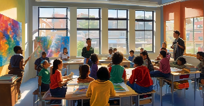 A diverse group of students working together in a colorful classroom, with a teacher facilitating and natural light illuminating the space.