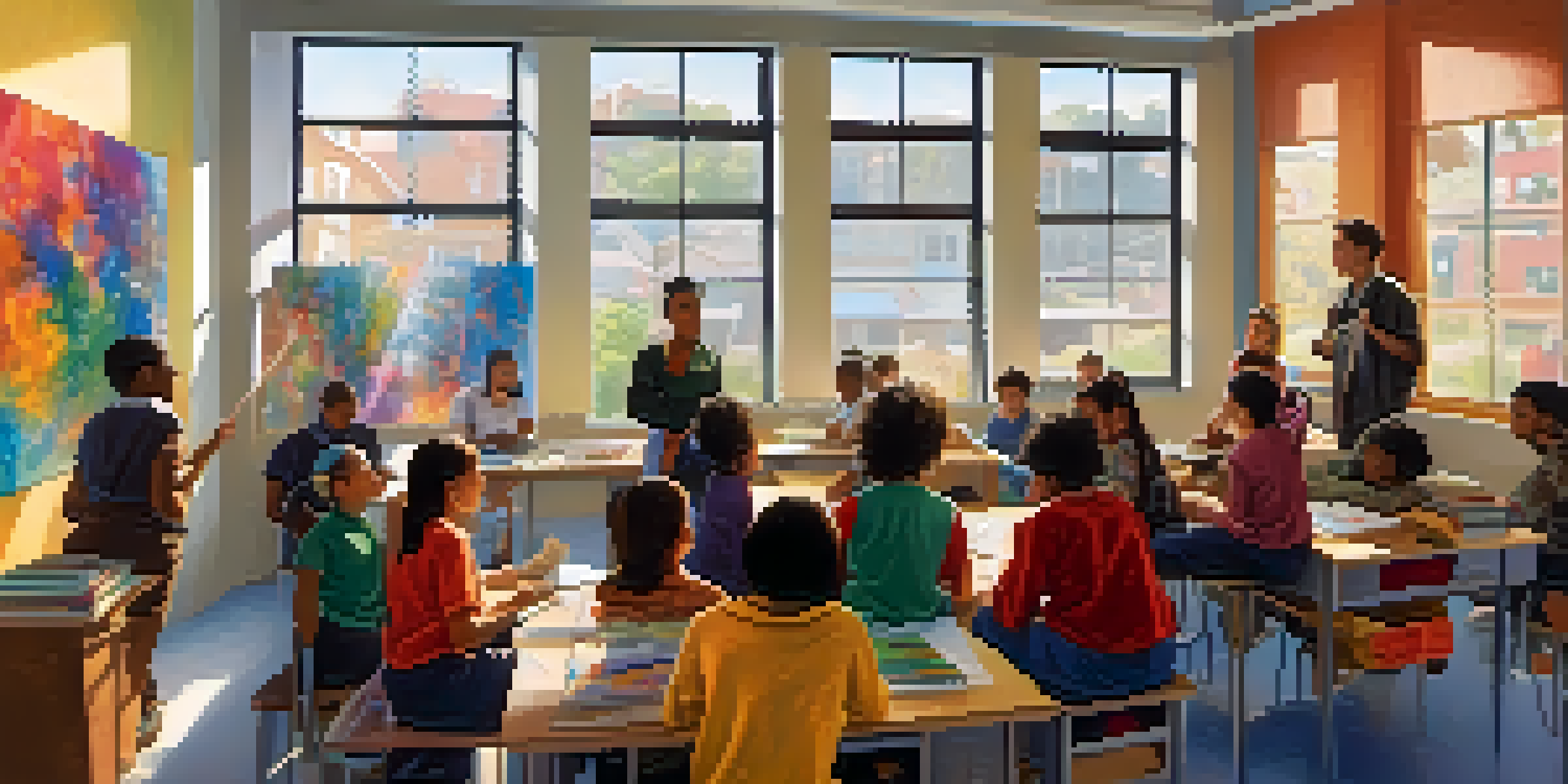 A diverse group of students working together in a colorful classroom, with a teacher facilitating and natural light illuminating the space.