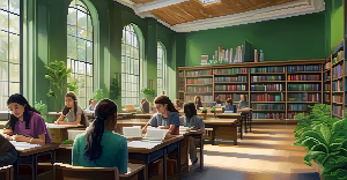 A bright library with students collaborating at a table surrounded by bookshelves and plants.