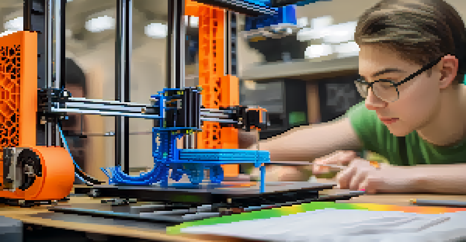 A student focused on using a 3D printer to create a model for a STEAM challenge, with colorful filament spools visible in the workspace.