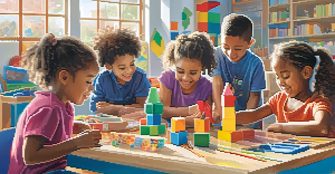 A bright classroom where children are happily building a block tower, surrounded by art supplies and books.