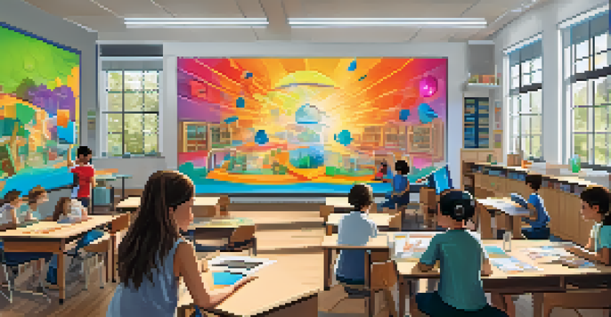 A classroom filled with students wearing virtual reality headsets, actively participating in learning activities, and surrounded by educational materials.