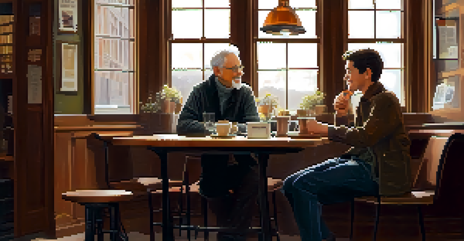 A mentor and mentee having a conversation over coffee in a cozy coffee shop.