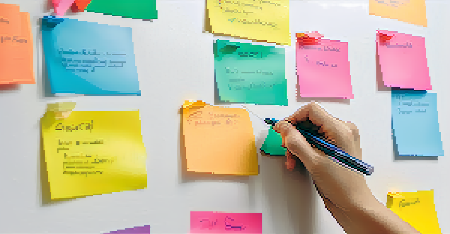 A teacher's hands writing on a whiteboard filled with colorful sticky notes in a bright classroom.