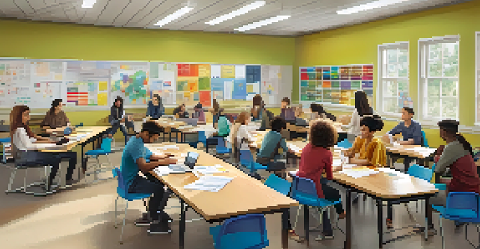 A classroom filled with diverse students working together around a large table, laptops open, in a lively and collaborative environment.