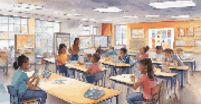A vibrant classroom filled with students working together on gamified learning tasks, with visible points and badges on the walls, and a supportive teacher guiding them.