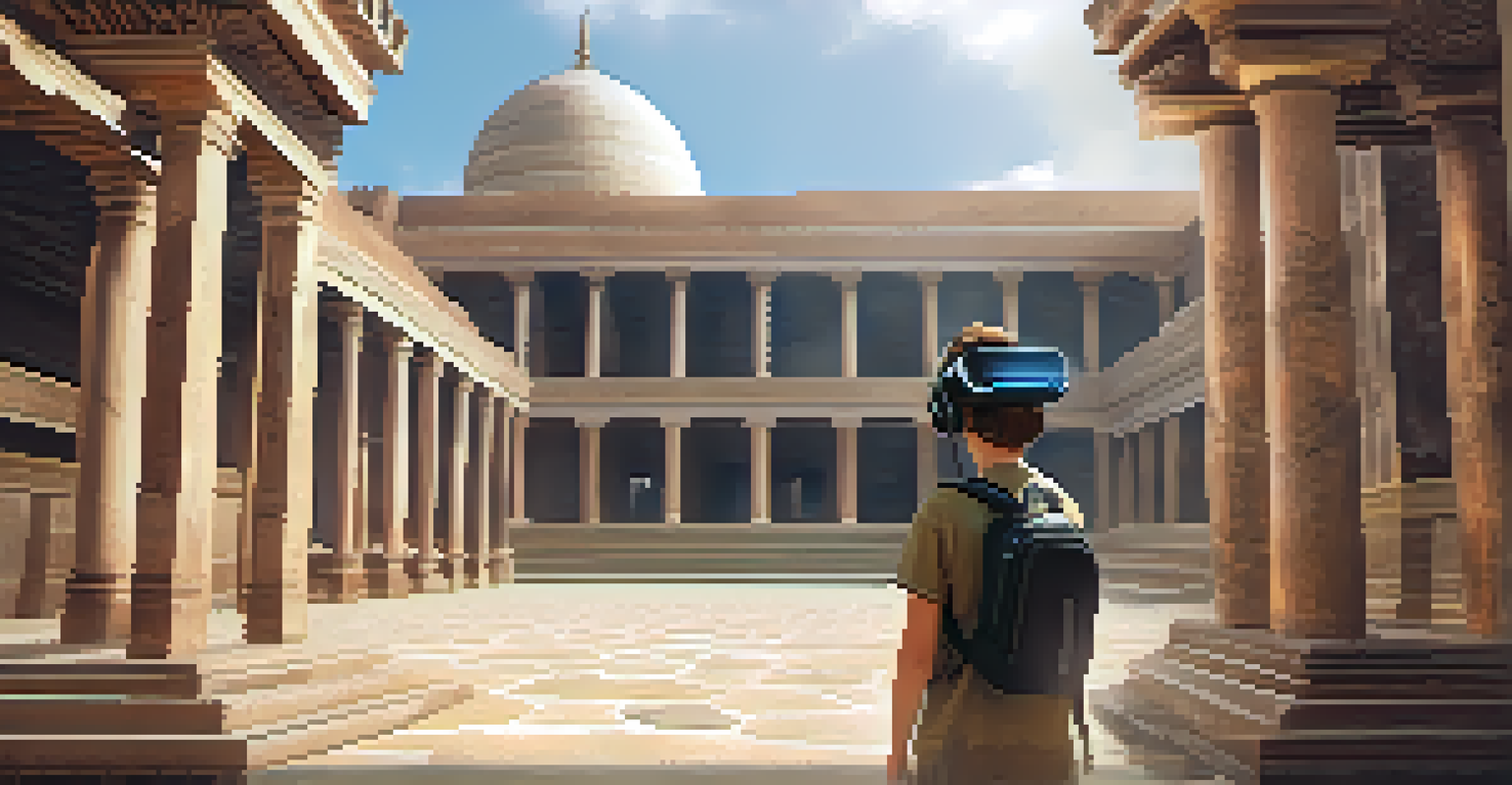 A student wearing VR goggles, immersed in a virtual ancient civilization, showcasing an engaging learning experience.