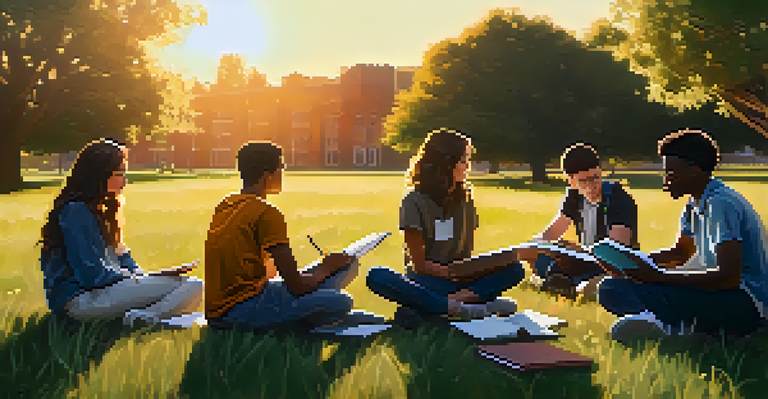Diverse students sitting in a circle on grass, discussing and reflecting together with notebooks in hand, during sunset.