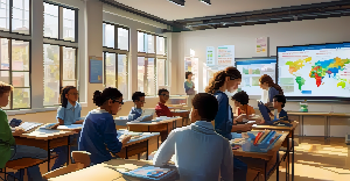 A vibrant classroom with diverse students using technology under the guidance of a teacher, with natural light and colorful educational materials.