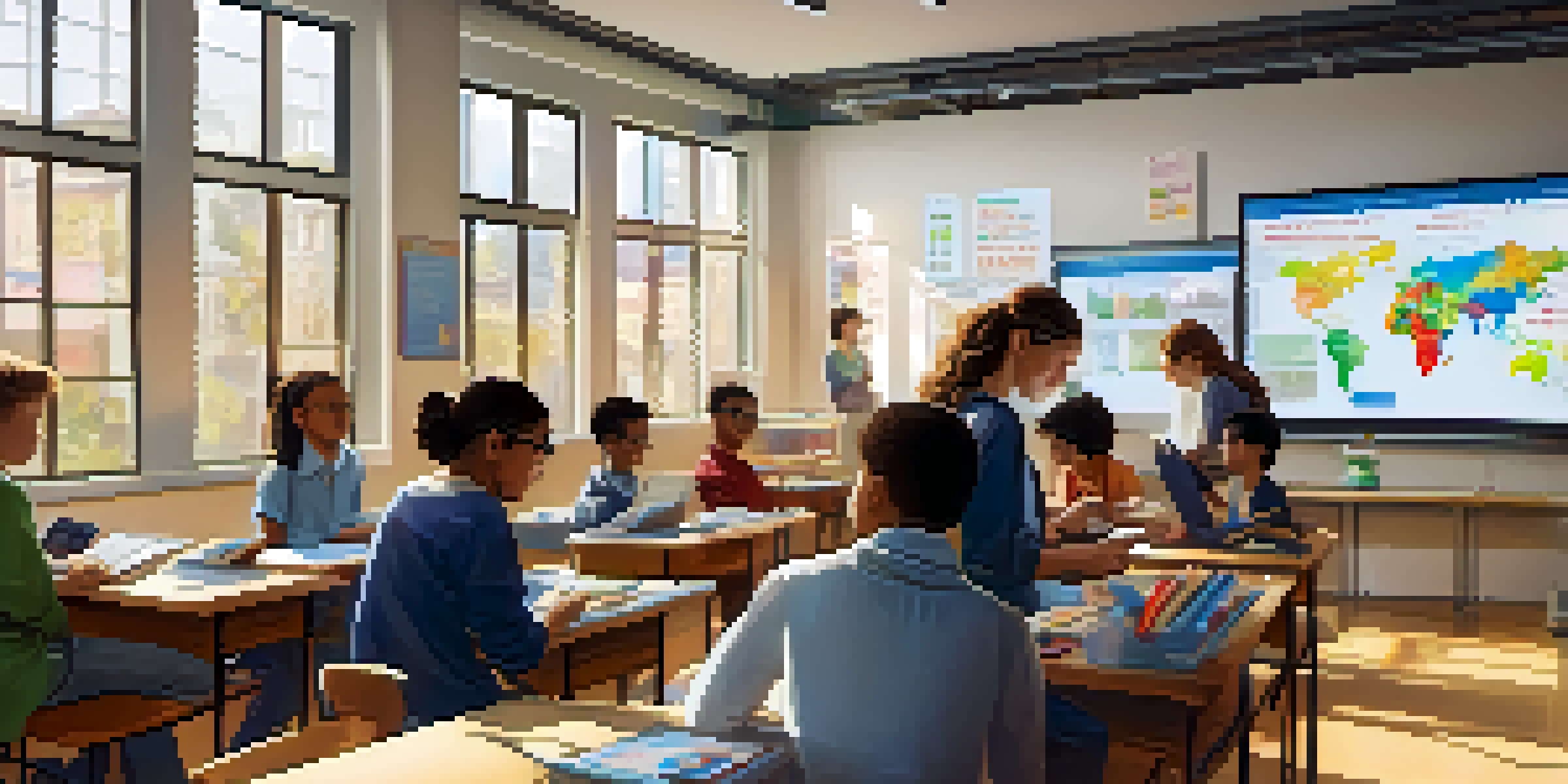 A vibrant classroom with diverse students using technology under the guidance of a teacher, with natural light and colorful educational materials.