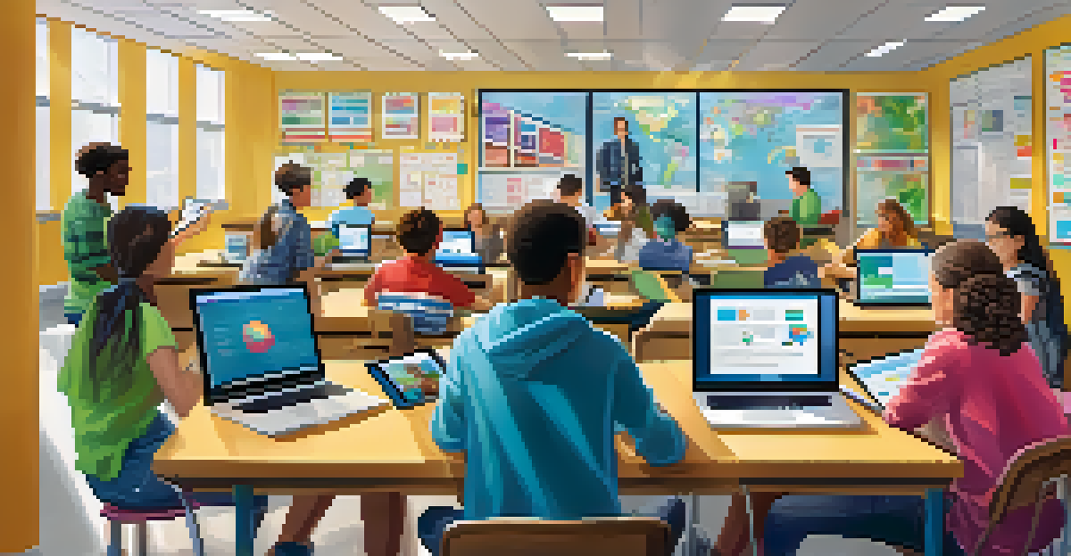 Students in a colorful classroom collaborating on a project using laptops and tablets.