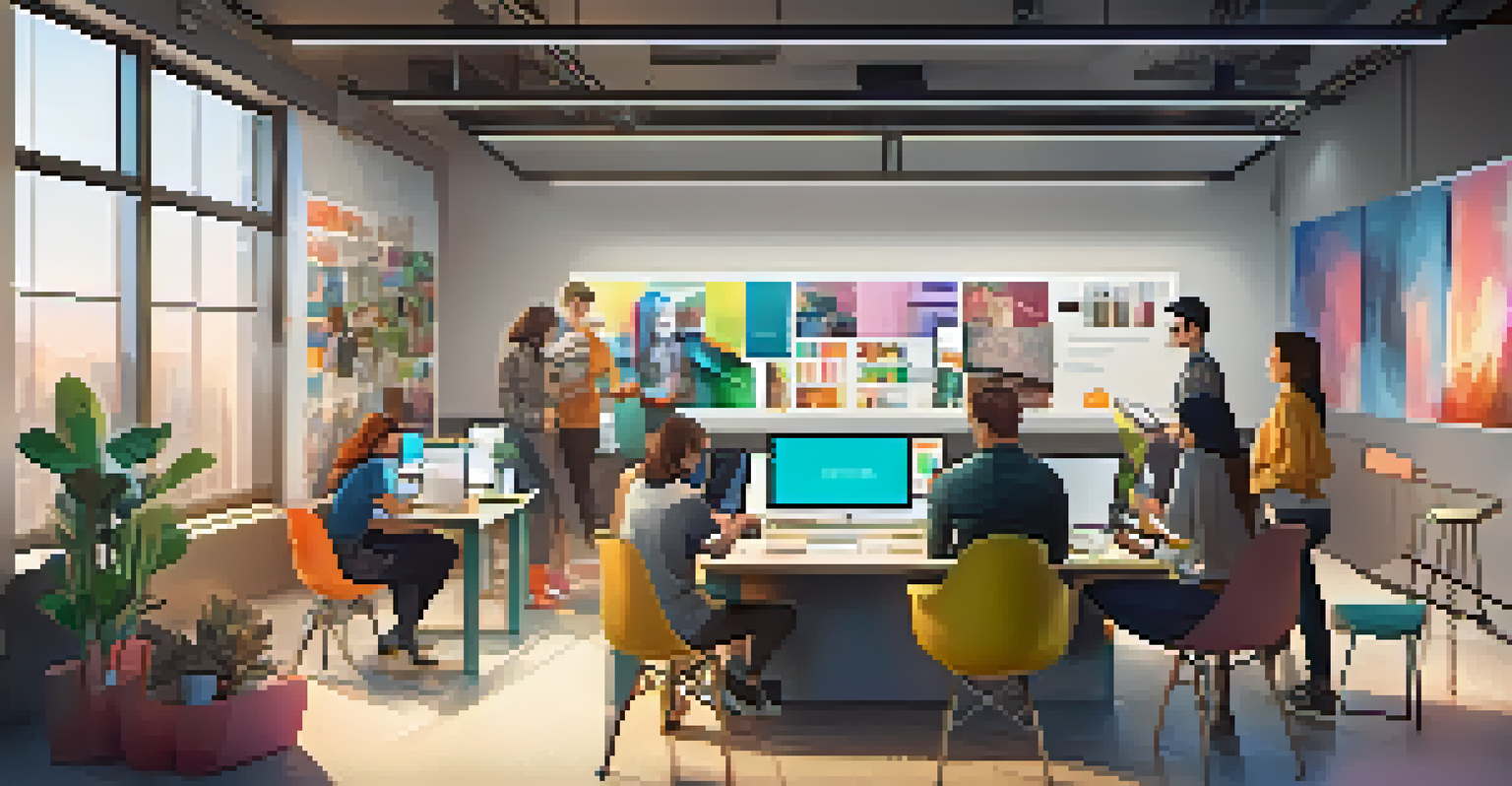 Students collaborating around a digital table, engaged in brainstorming and resource gathering, illustrating a vibrant and modern learning space.