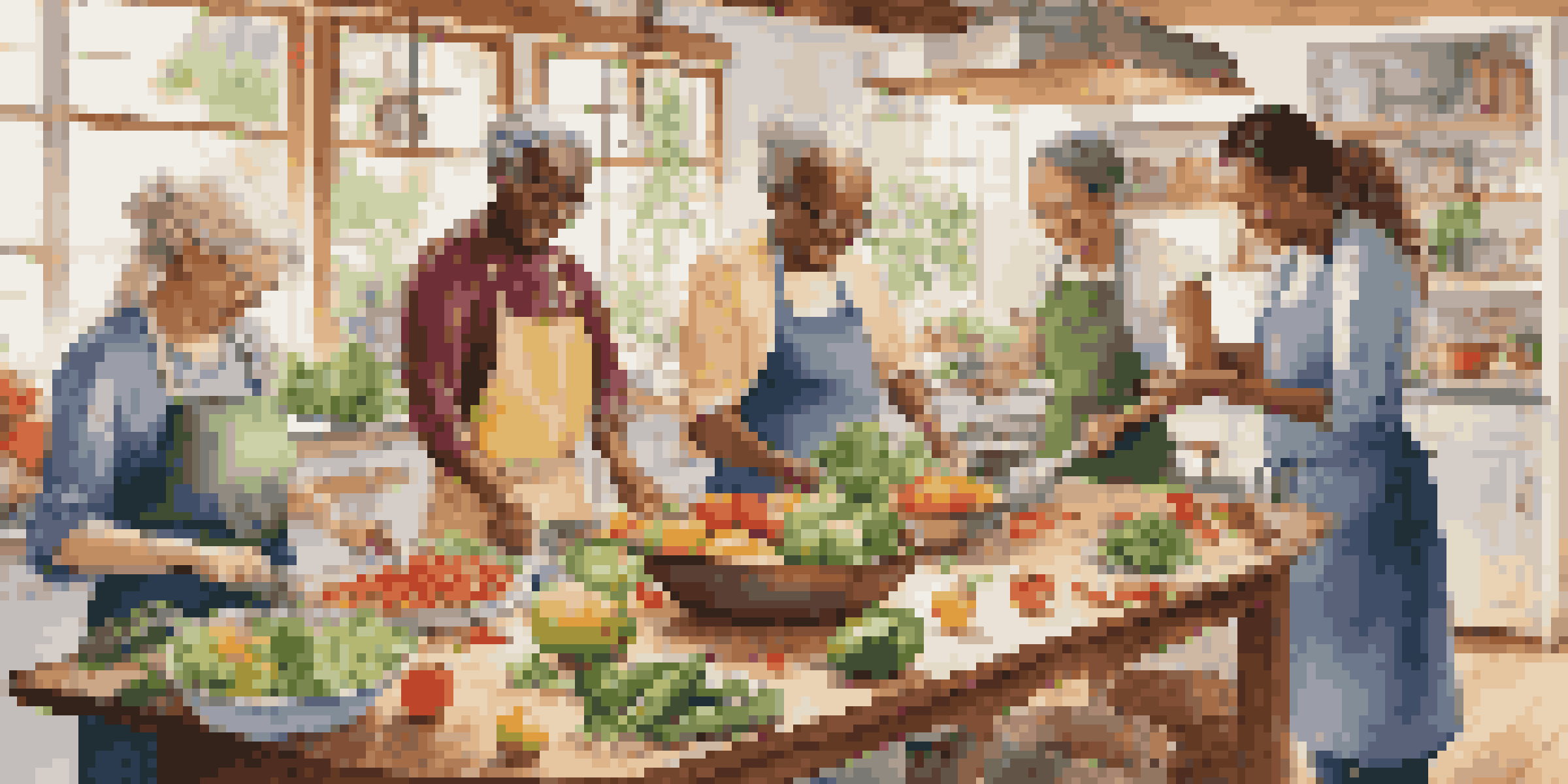 A lively kitchen with people cooking together, surrounded by fresh produce and bright light.