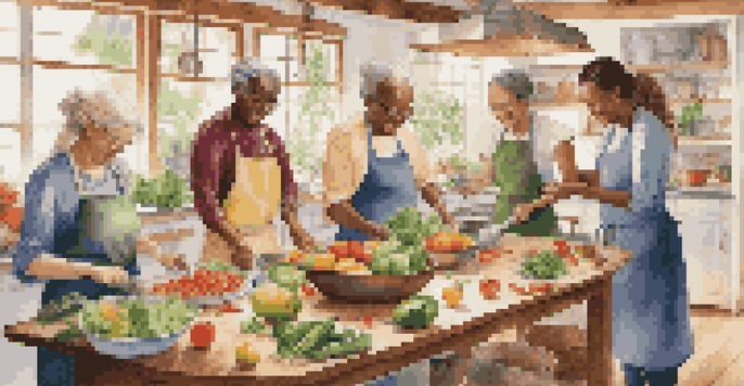 A lively kitchen with people cooking together, surrounded by fresh produce and bright light.