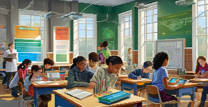 A diverse group of students in a bright classroom working on a STEM project, with various science equipment and educational posters around them.