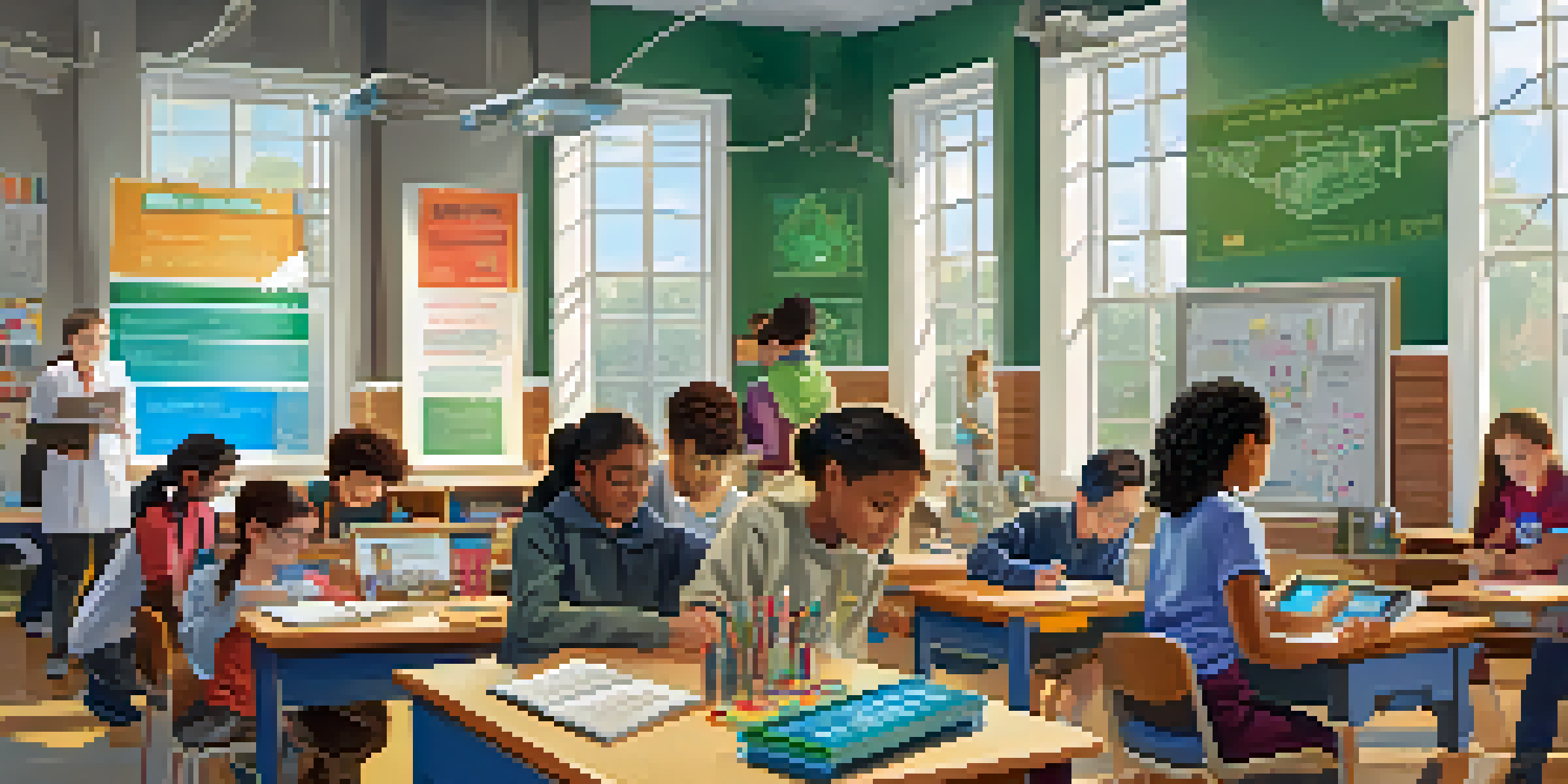 A diverse group of students in a bright classroom working on a STEM project, with various science equipment and educational posters around them.