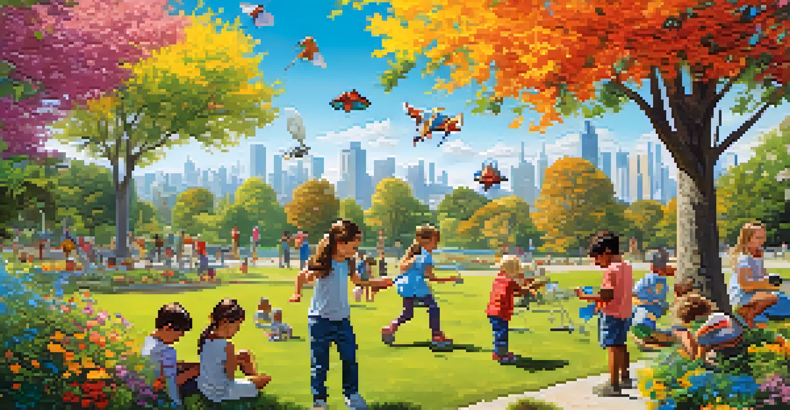 Children exploring and playing in a colorful park, engaging in a science experiment and enjoying outdoor activities under a clear blue sky.