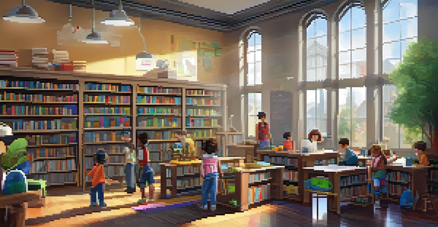 Children collaborating around a 3D printer in a library, with bookshelves and technology resources in the background, bathed in warm sunlight.