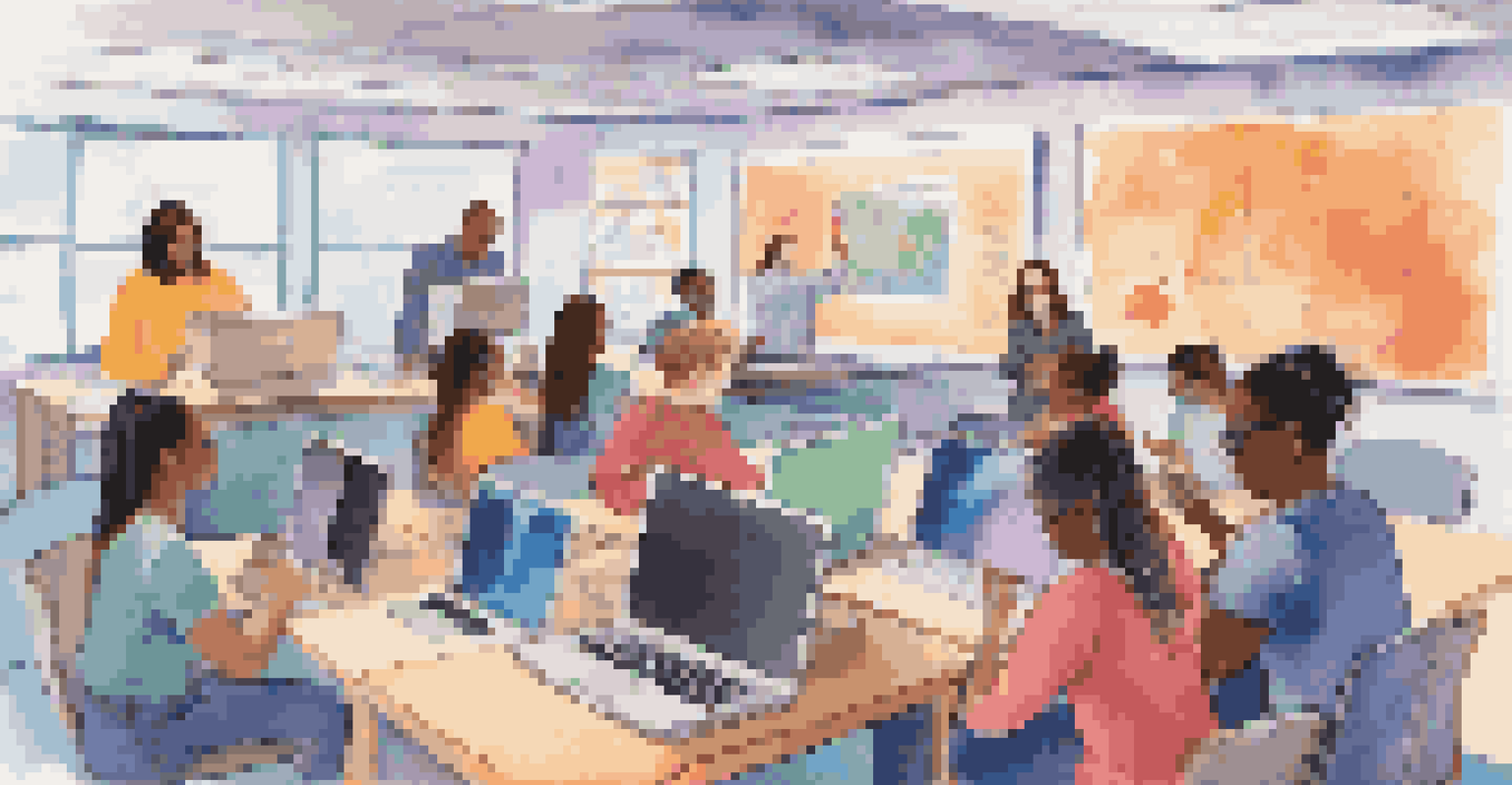 A diverse group of students in a virtual classroom interacting via laptops with educational materials on screen.
