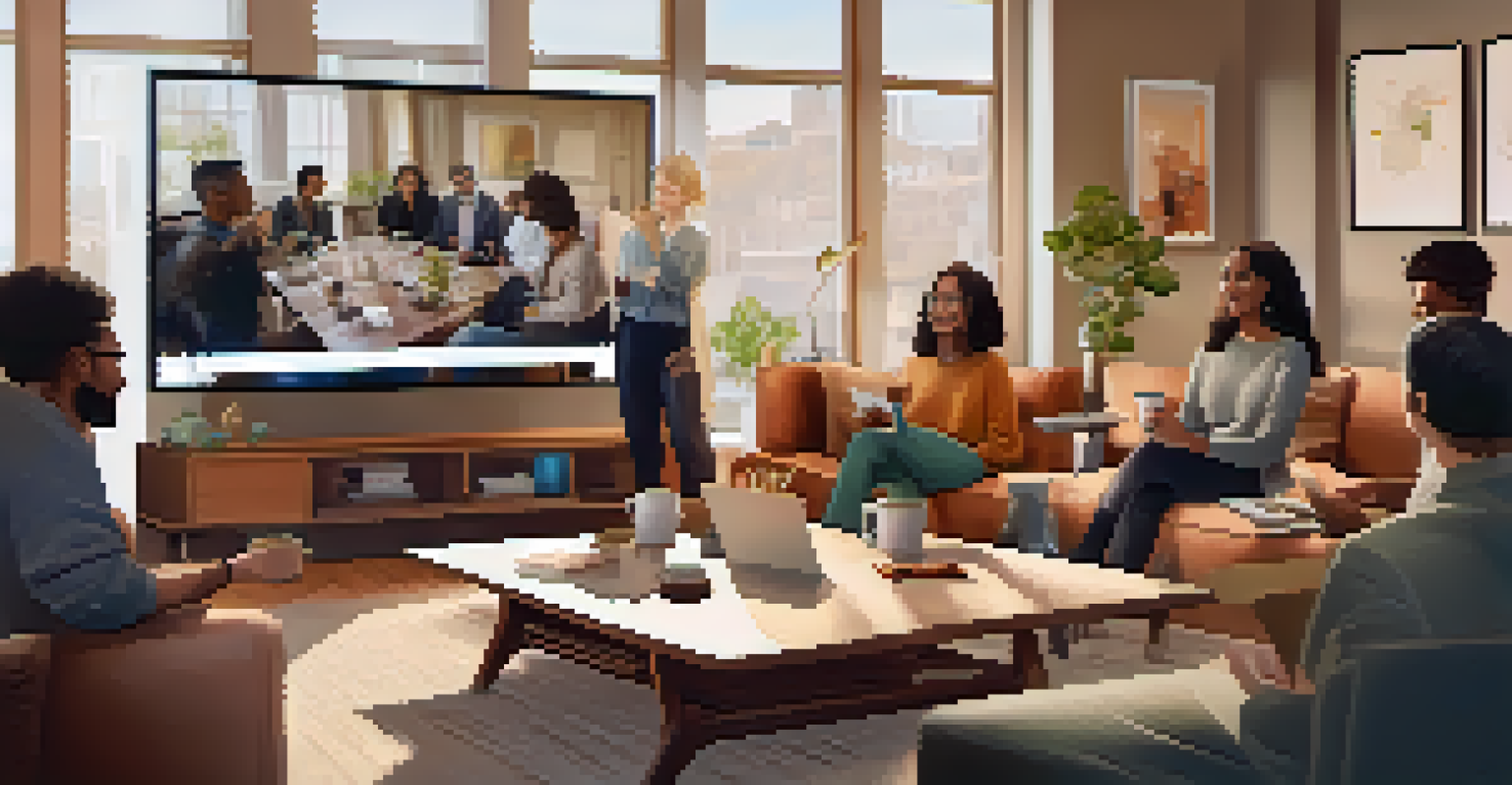A group of diverse professionals participating in a virtual networking event in a cozy living room, highlighting digital connections.