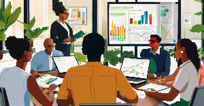 A diverse group of individuals engaged in a financial mentorship session, discussing financial concepts around a table with laptops and notes.