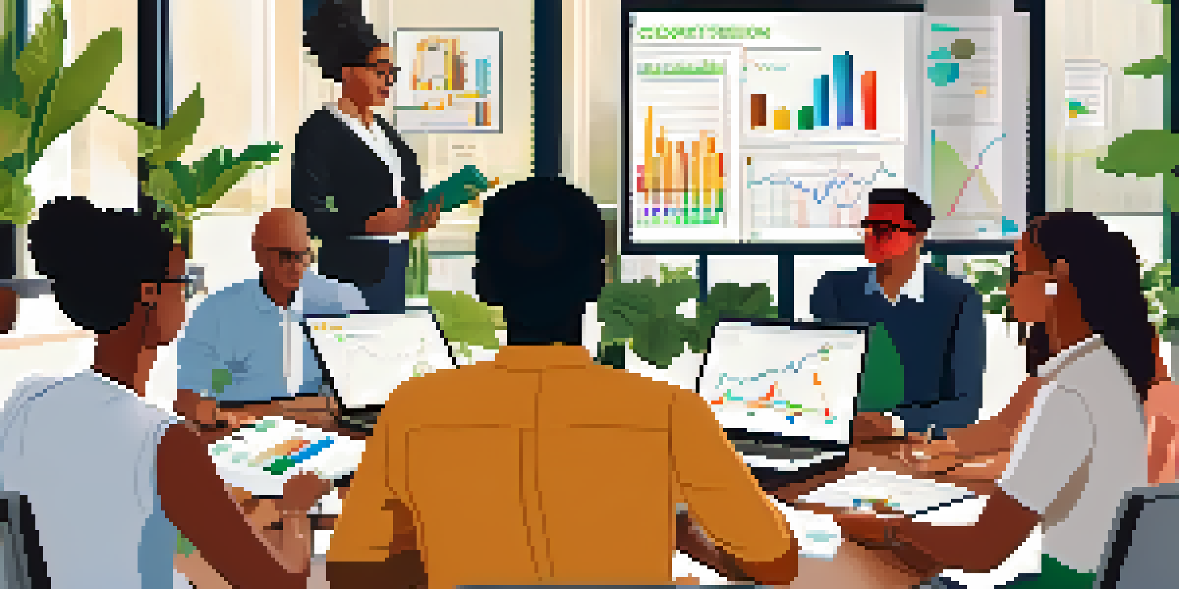 A diverse group of individuals engaged in a financial mentorship session, discussing financial concepts around a table with laptops and notes.