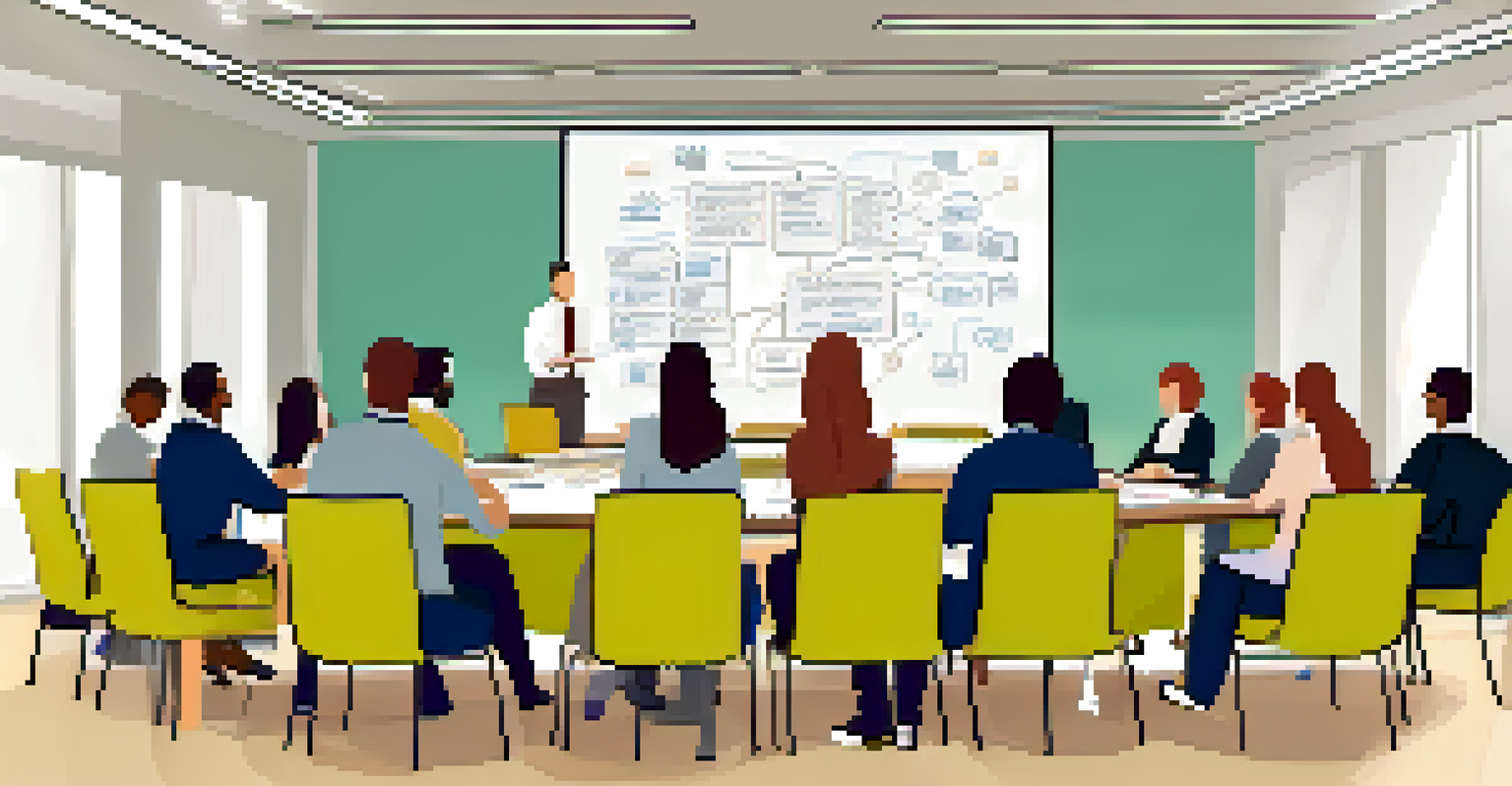 A group of teachers sharing ideas in a bright conference room, surrounded by notes and resources related to educational development.