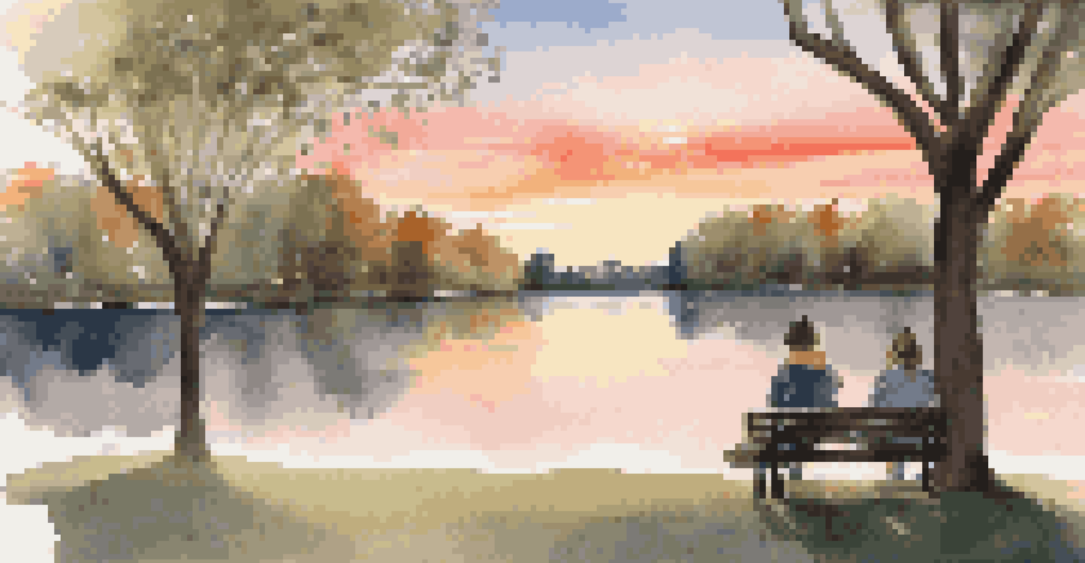 A student sitting on a bench in a park, reflecting with a notebook during sunset.