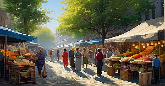 A lively street market with a diverse crowd, colorful stalls, and sunlight filtering through the trees.