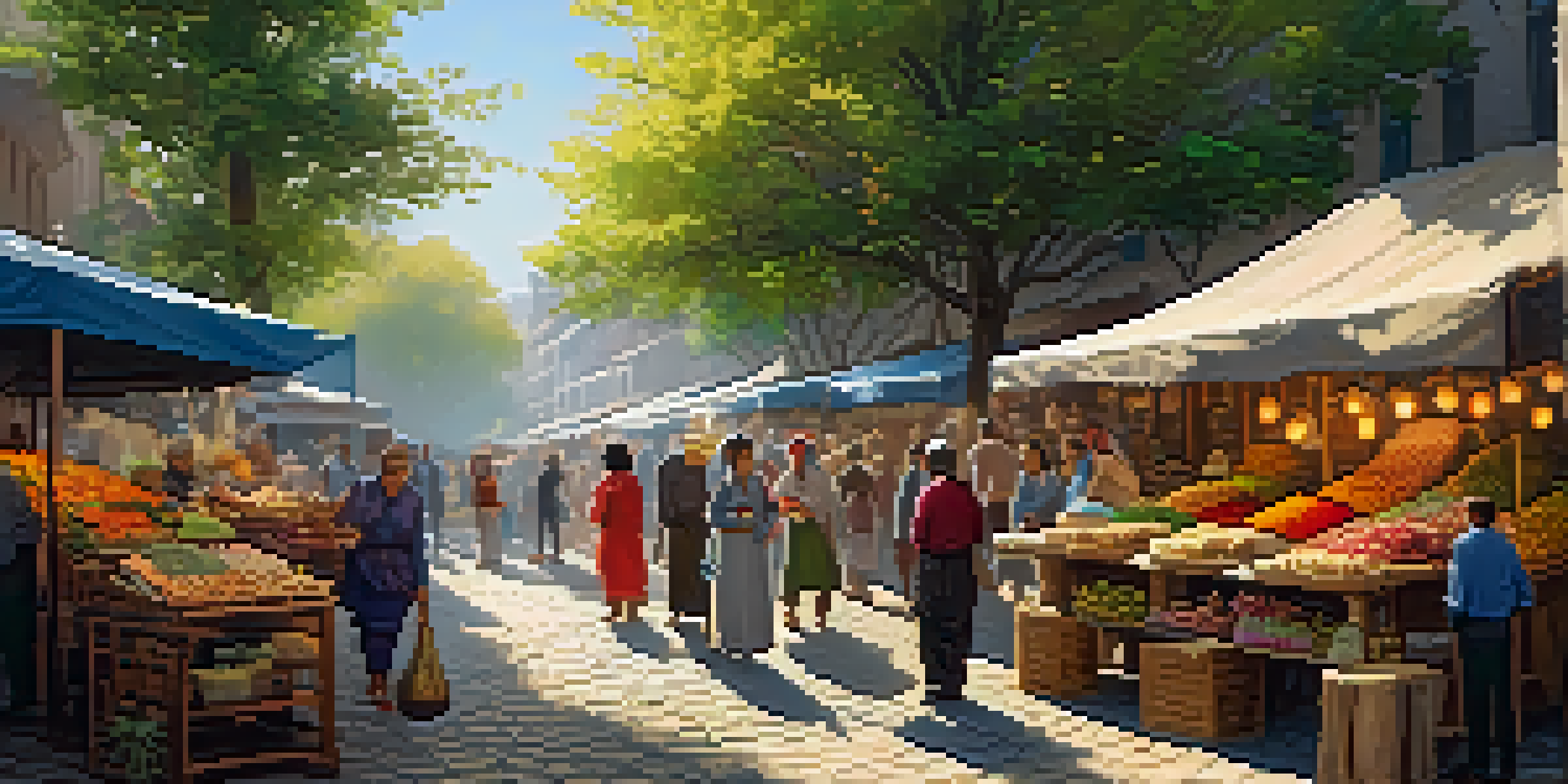 A lively street market with a diverse crowd, colorful stalls, and sunlight filtering through the trees.