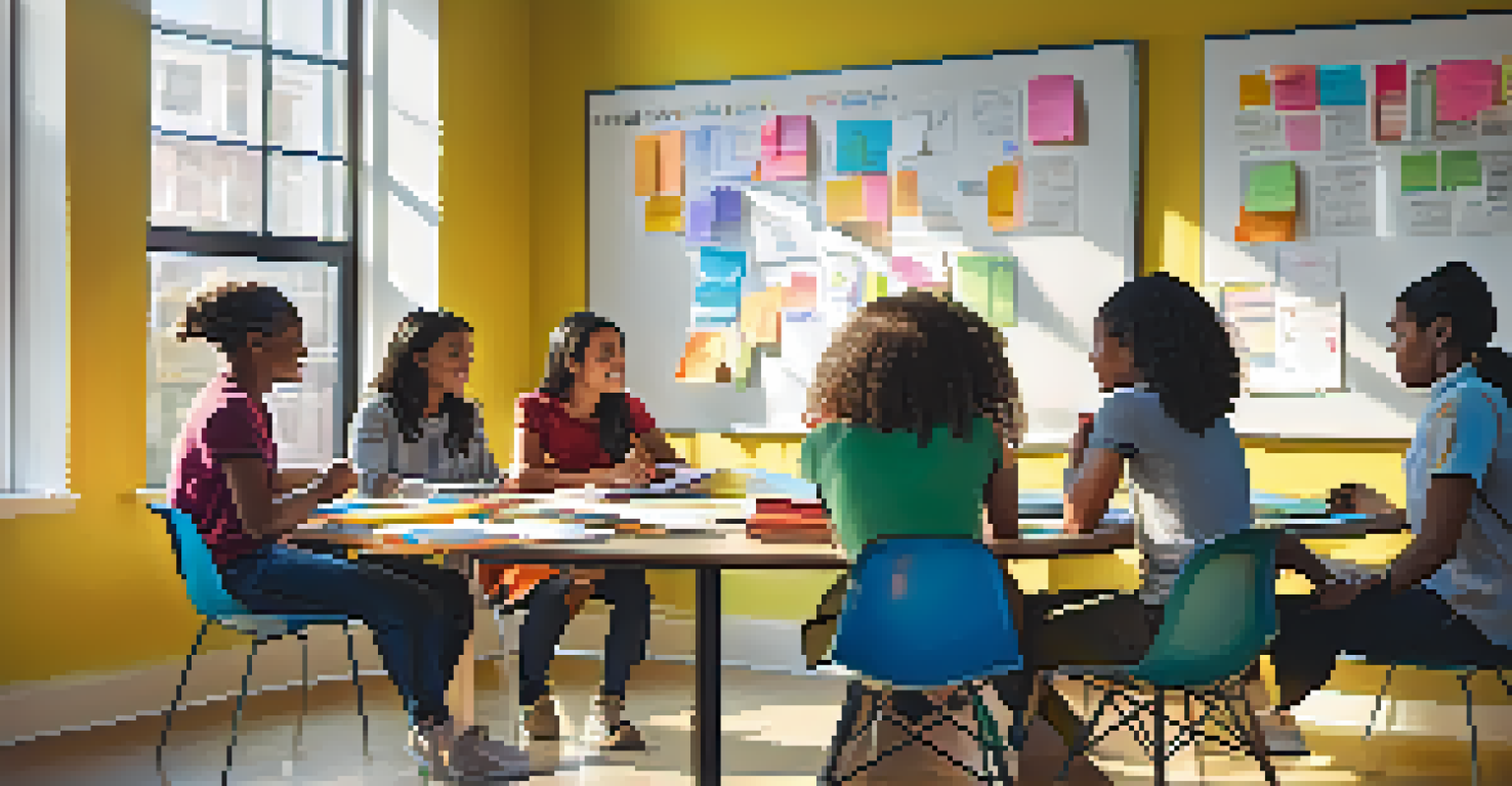 A diverse group of students discussing around a circular table in a bright classroom filled with natural light.