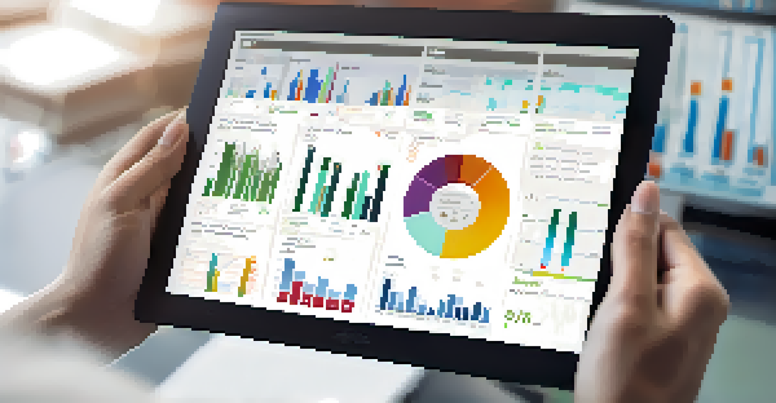 Close-up of hands holding a tablet showing an education data visualization dashboard, with blurred background.