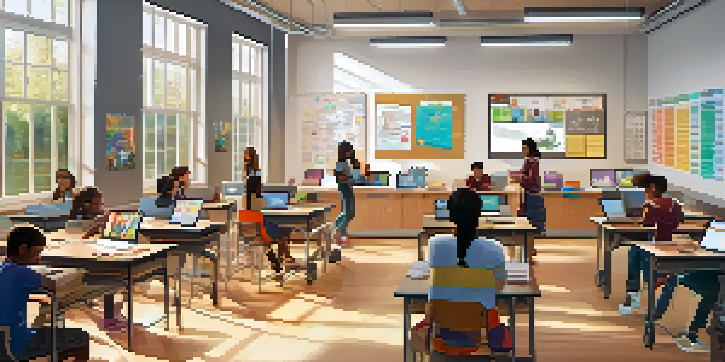 A multicultural classroom with students using technology for group projects, featuring bright colors and natural light.