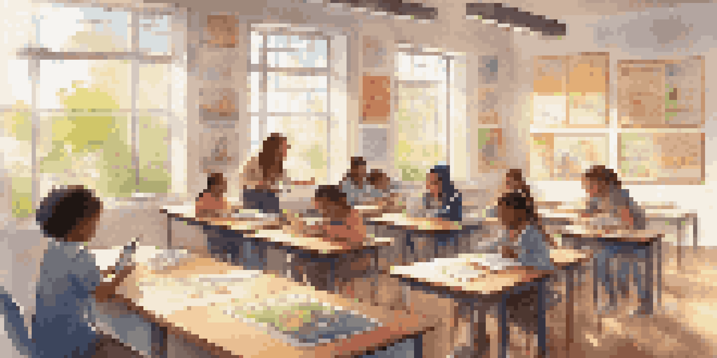 A bright classroom filled with diverse students using tablets to access educational resources, with sunlight streaming in.